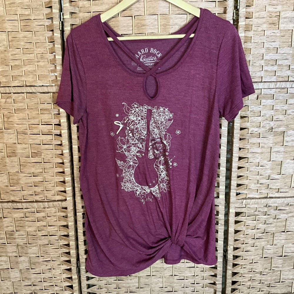 Hard Rock Guitar Co Women L Burgundy Floral Guitar Key‎ West T Shirt Twist Front